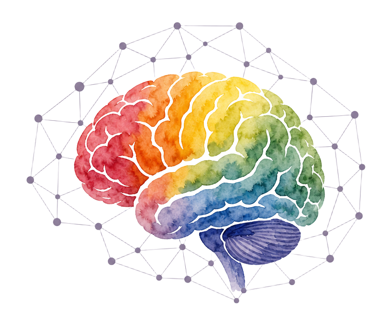 Logo IntegraMente: cérebro em aquarela colorida envolto por rede neural