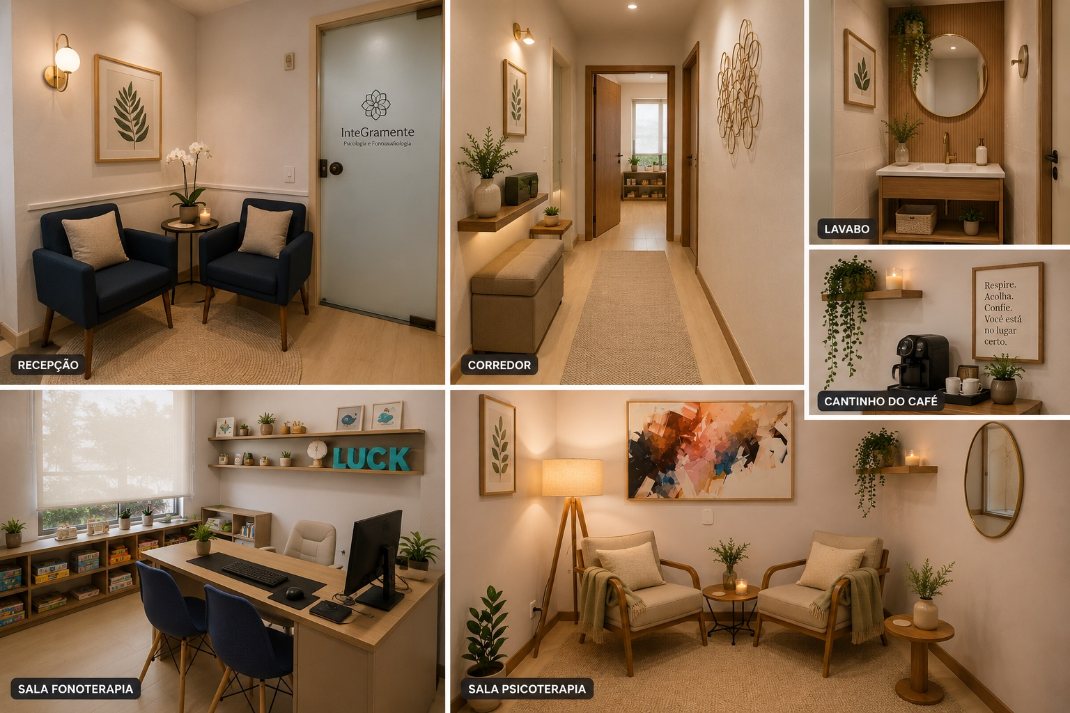 Ambientes da clínica IntegraMente: recepção, corredor, lavabo, cantinho do café, sala de fonoaudiologia e sala de psicoterapia